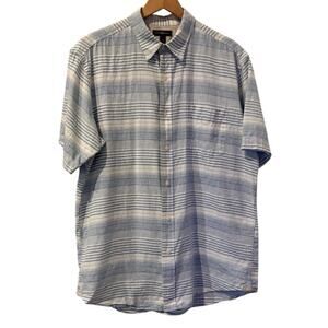 Club Room Linen Blend Shirt Mens Large Blue Striped Short Sleeve Button Up